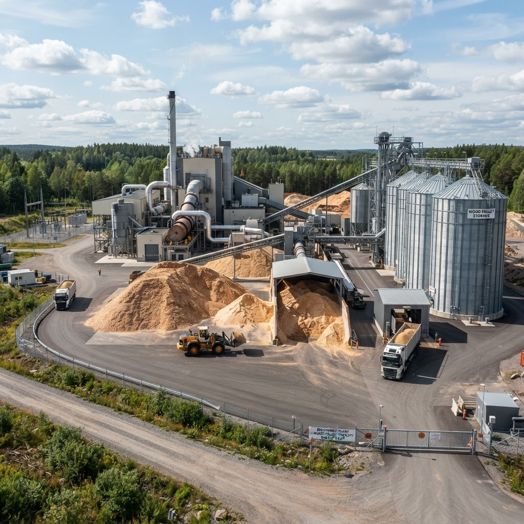 Biomass energy plant with wood pellet storage